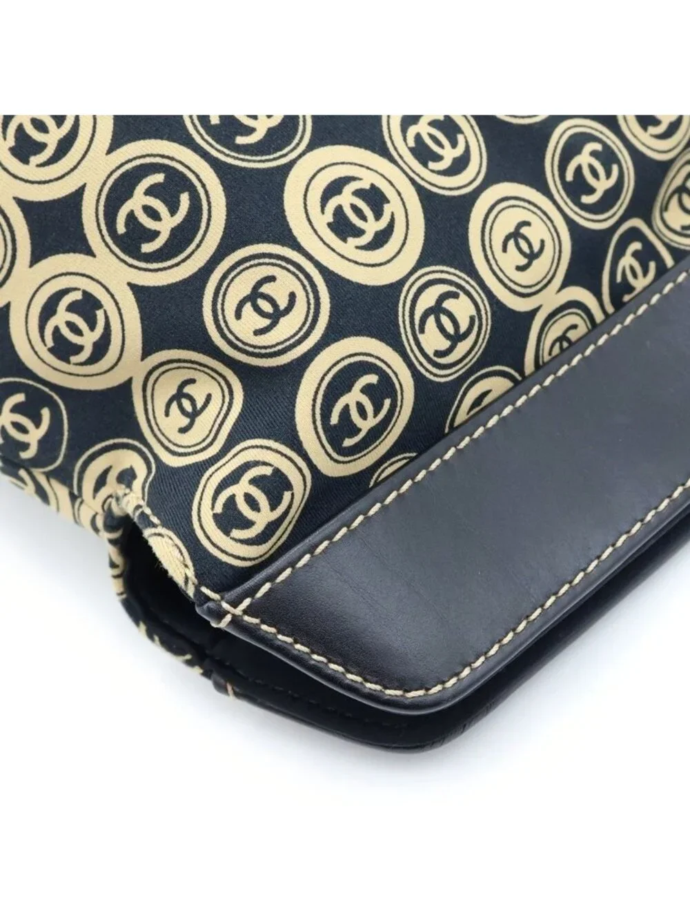Chanel CC Logo Handbag Leather Cotton Black Beige